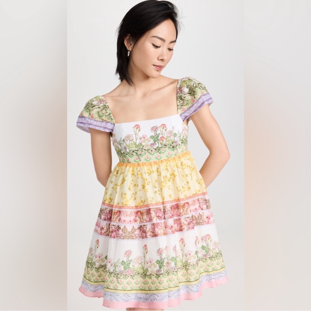 Alice + Olivia Floral Tiered Mini Dress in White, Yellow, Pink, Green, Lavender